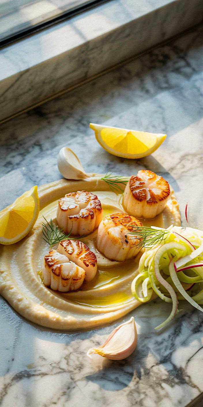 Seared scallops on creamy puree with fennel, lemon wedges, and garlic cloves, artfully arranged on a marble surface under soft, natural light.