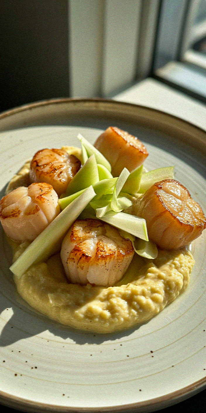 Seared scallops rest on creamy mashed potatoes garnished with thinly sliced green onions, served on a white plate, illuminated by natural light.