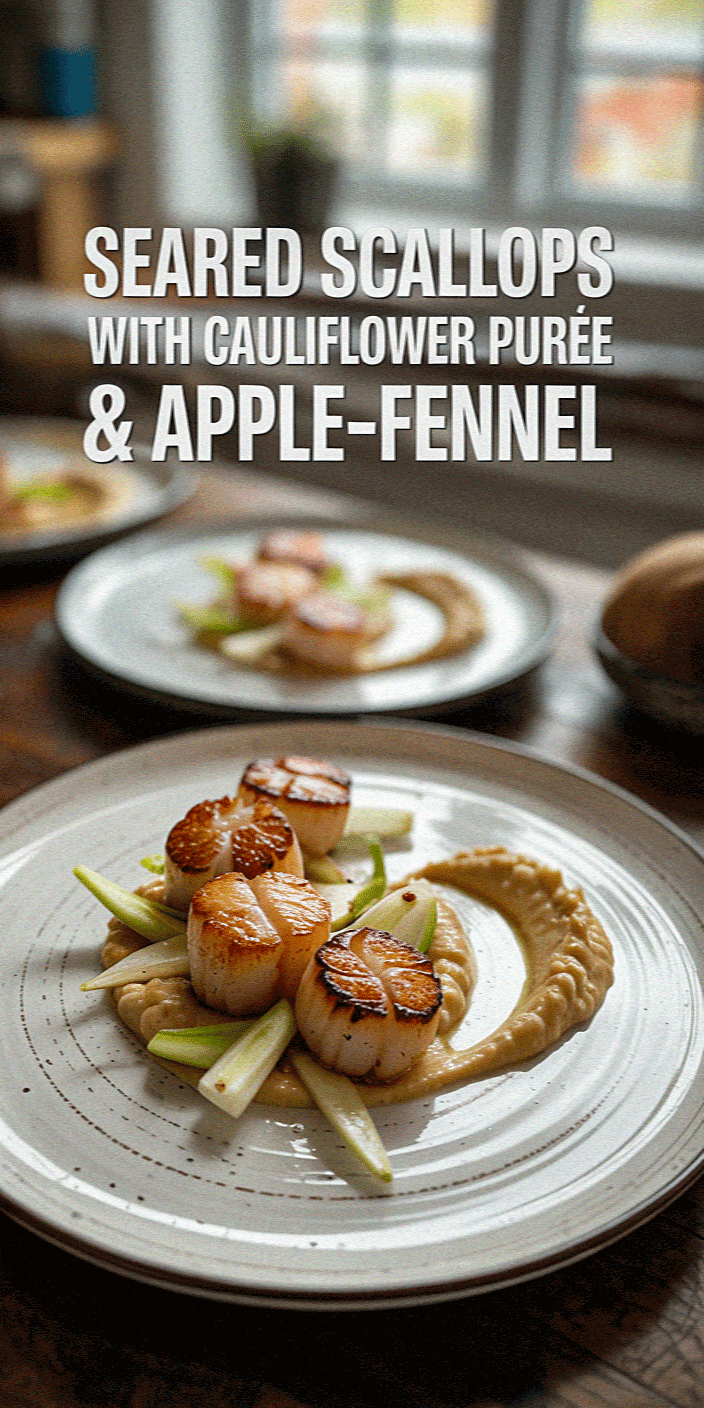 Seared scallops with cauliflower purée and apple-fennel garnish, elegantly plated on a rustic table with a cozy, blurred background.