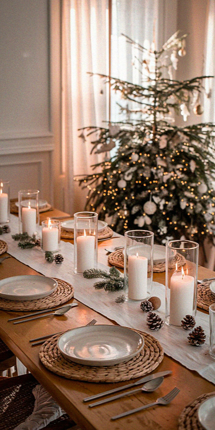 A festive dining table with candles, arranged for a holiday meal, sits near a decorated Christmas tree adorned with twinkling lights and ornaments.