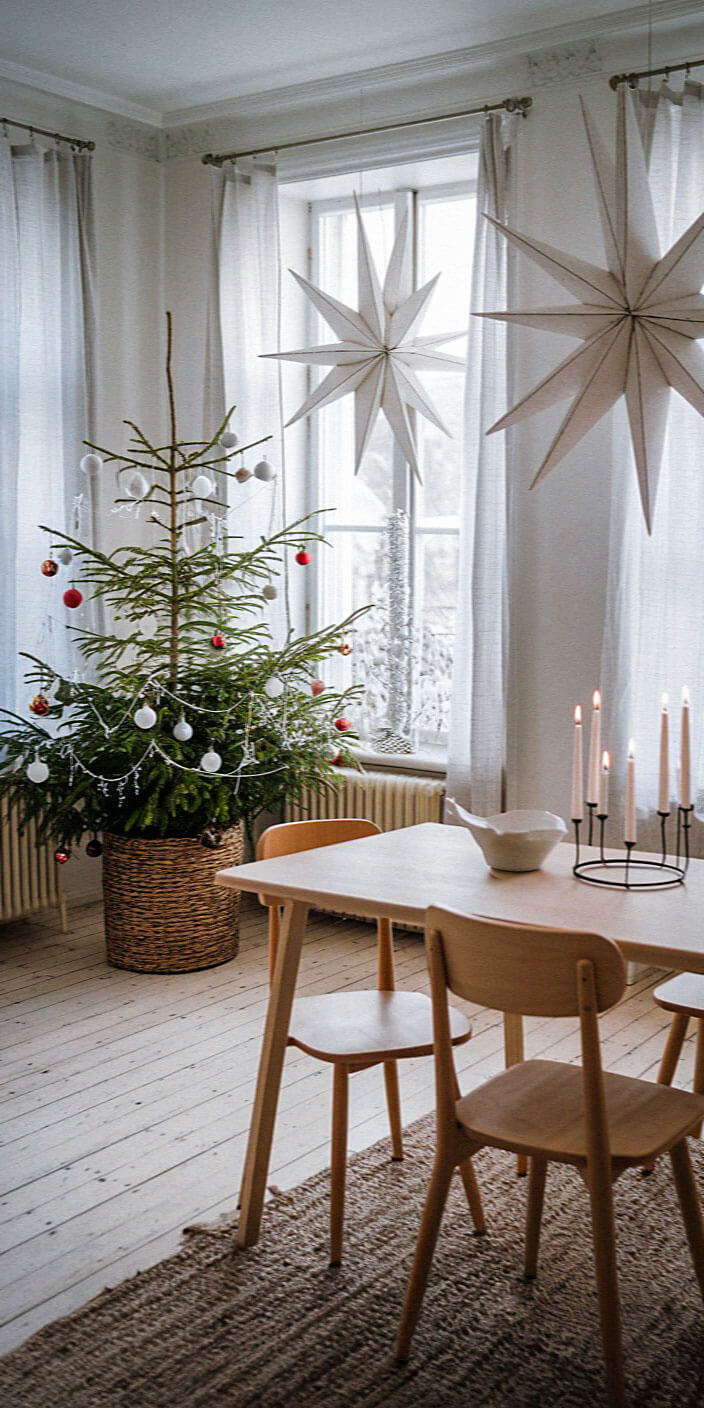 Cozy room with Christmas tree, star decorations, wooden table and chairs, and candles on a candelabra, adjacent to snow-covered window.