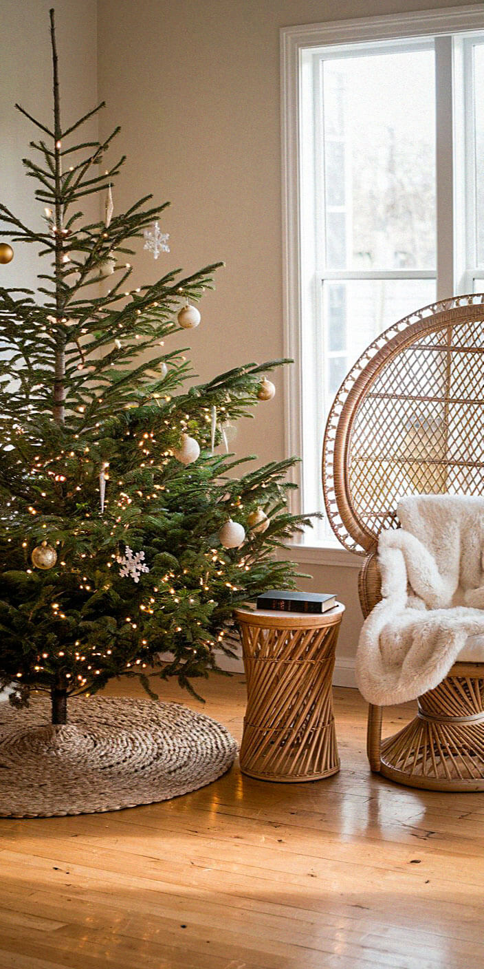A cozy room with a Christmas tree adorned with ornaments and lights, a wicker chair with a fluffy blanket, and a small table.