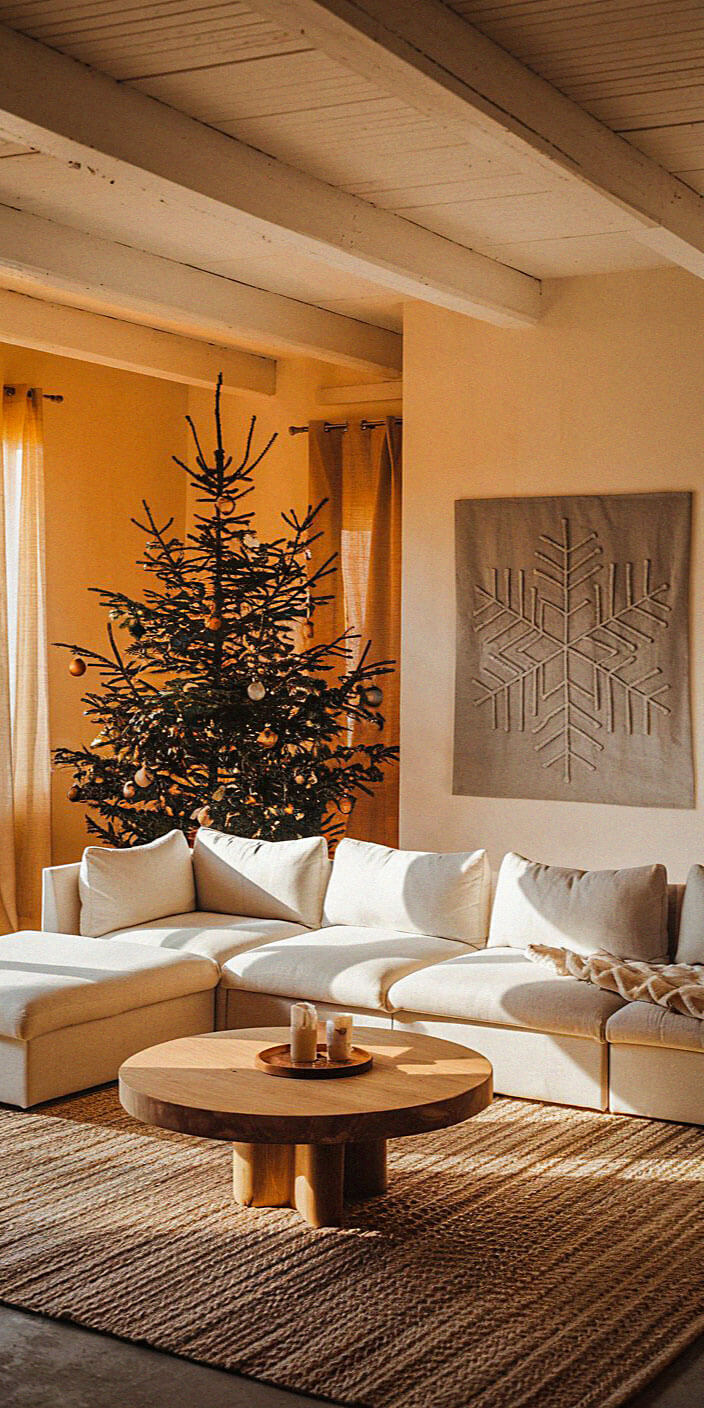 Cozy living room with a Christmas tree, white sectional sofa, wooden coffee table, and large snowflake wall art, bathed in warm sunlight.
