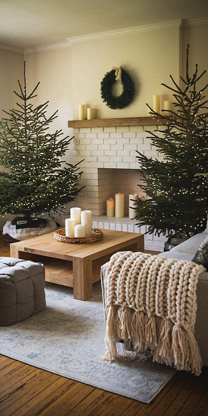 Cozy living room with white fireplace, decorated pines, and candles on a wooden table. Wreath hanging above creates a festive atmosphere.