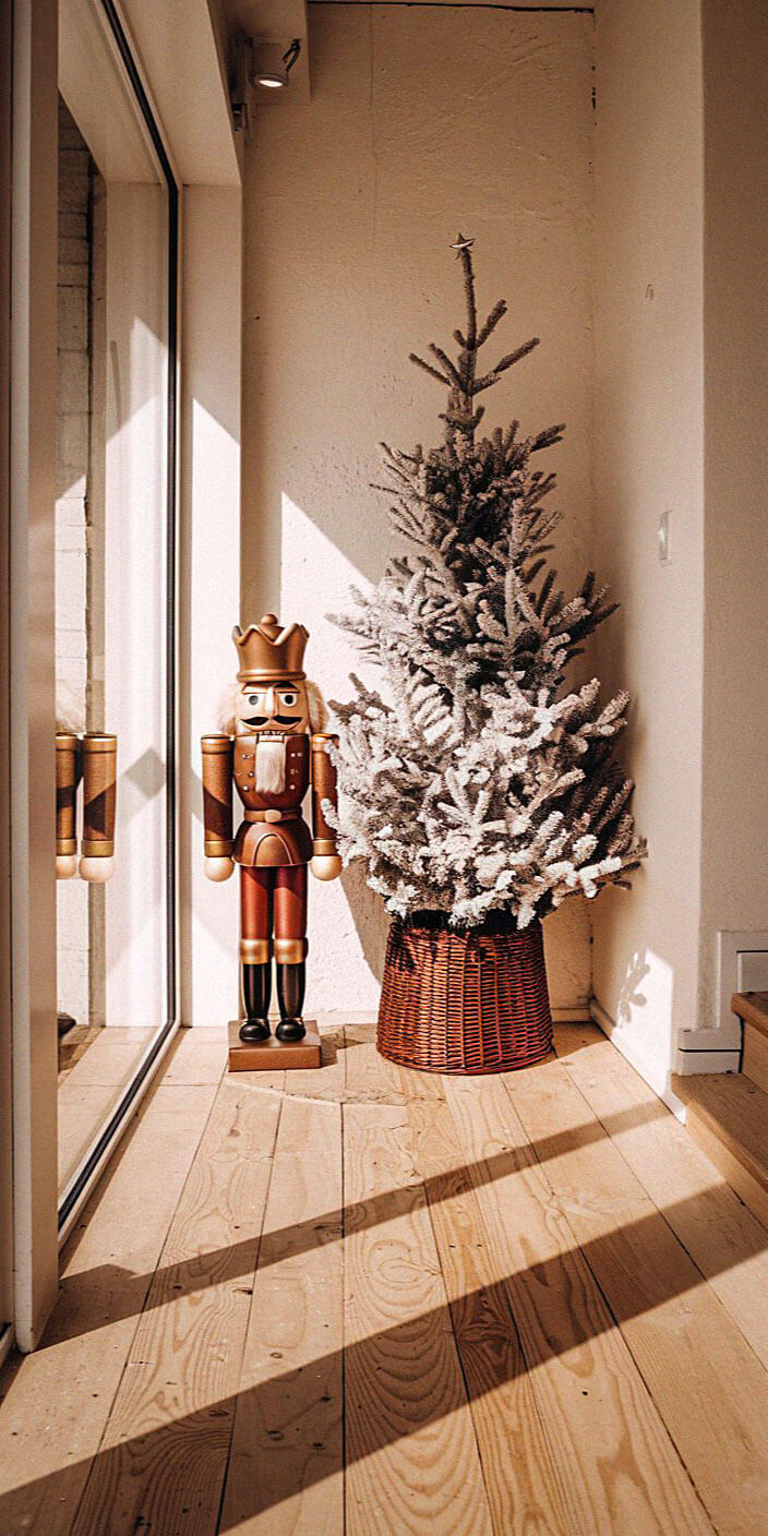 A cozy corner with a wooden nutcracker, frosted Christmas tree in a wicker basket, and sunlight streaming through the glass door.