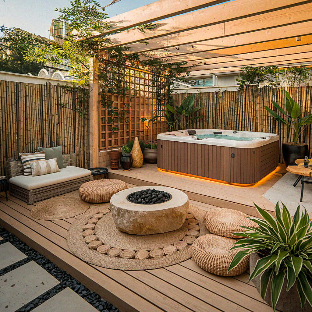 Cozy outdoor deck with hot tub, fire pit, and seating area. Bamboo fencing and plants, creating a relaxing, natural ambiance.