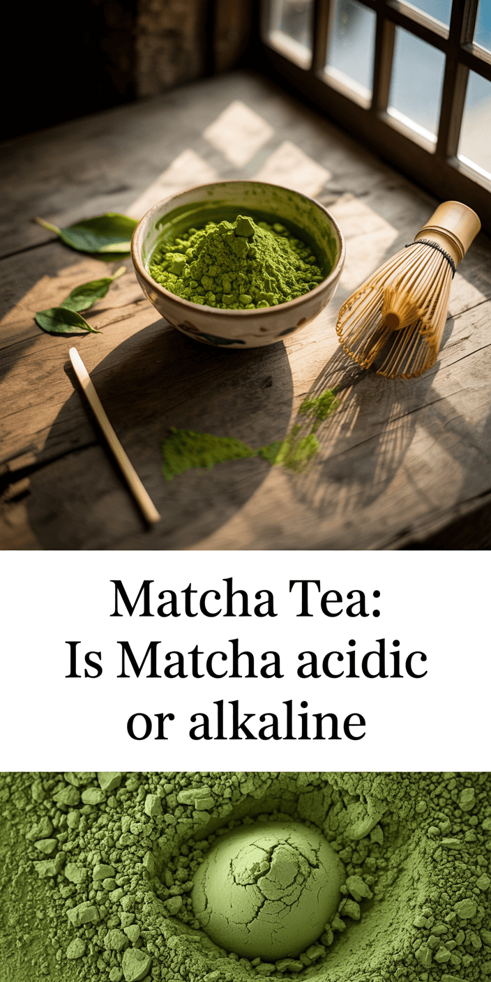 A bowl of matcha powder with a whisk on a wooden table; text asks about matcha's acidity or alkalinity.
