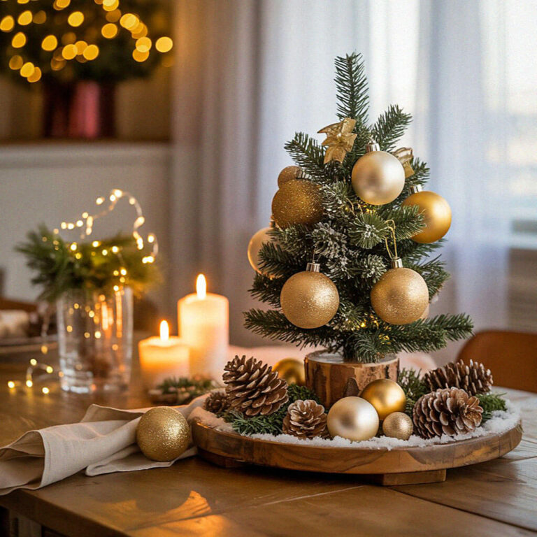 Small decorated Christmas tree centerpiece with gold ornaments on a table, surrounded by pinecones, candles, and fairy lights creating a cozy atmosphere.