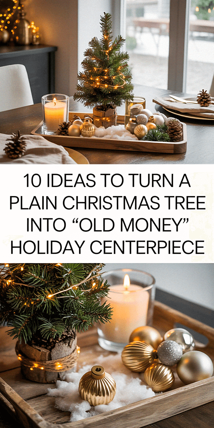 Festive table setting features a small Christmas tree, candle, and ornaments on a tray. Text offers ten holiday centerpiece ideas. Cozy ambiance.