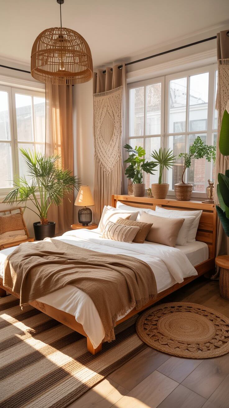 A cozy, sunlit bedroom with wooden furniture, earthy tones, potted plants, macramé wall hanging, and a woven rug creates a warm, inviting atmosphere.