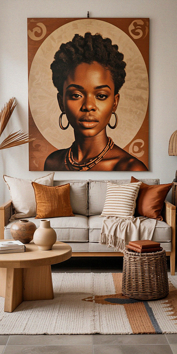 A cozy living room with neutral tones features a large portrait of a person, wicker furniture, and decorative vases on tables.