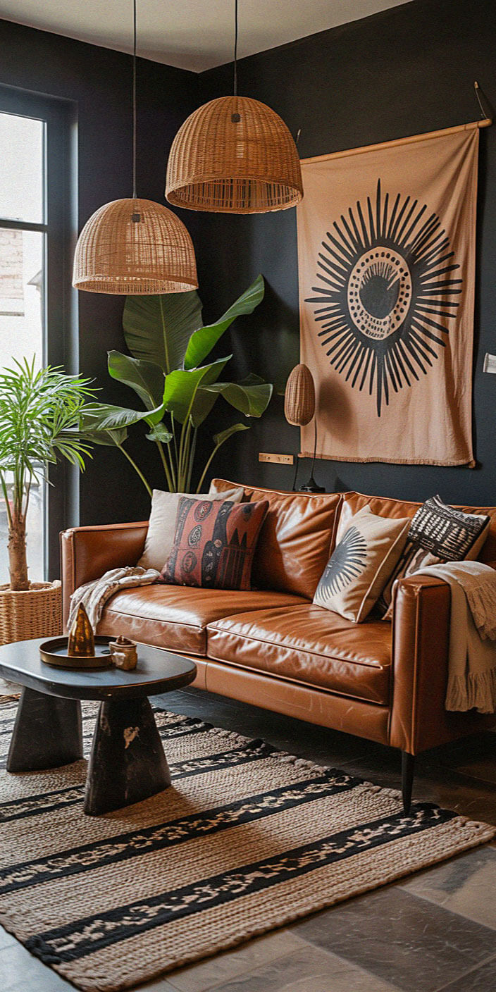 Cozy living room with leather sofa, patterned pillows, large plants, wicker pendant lights, abstract wall art, and a textured rug on dark flooring.