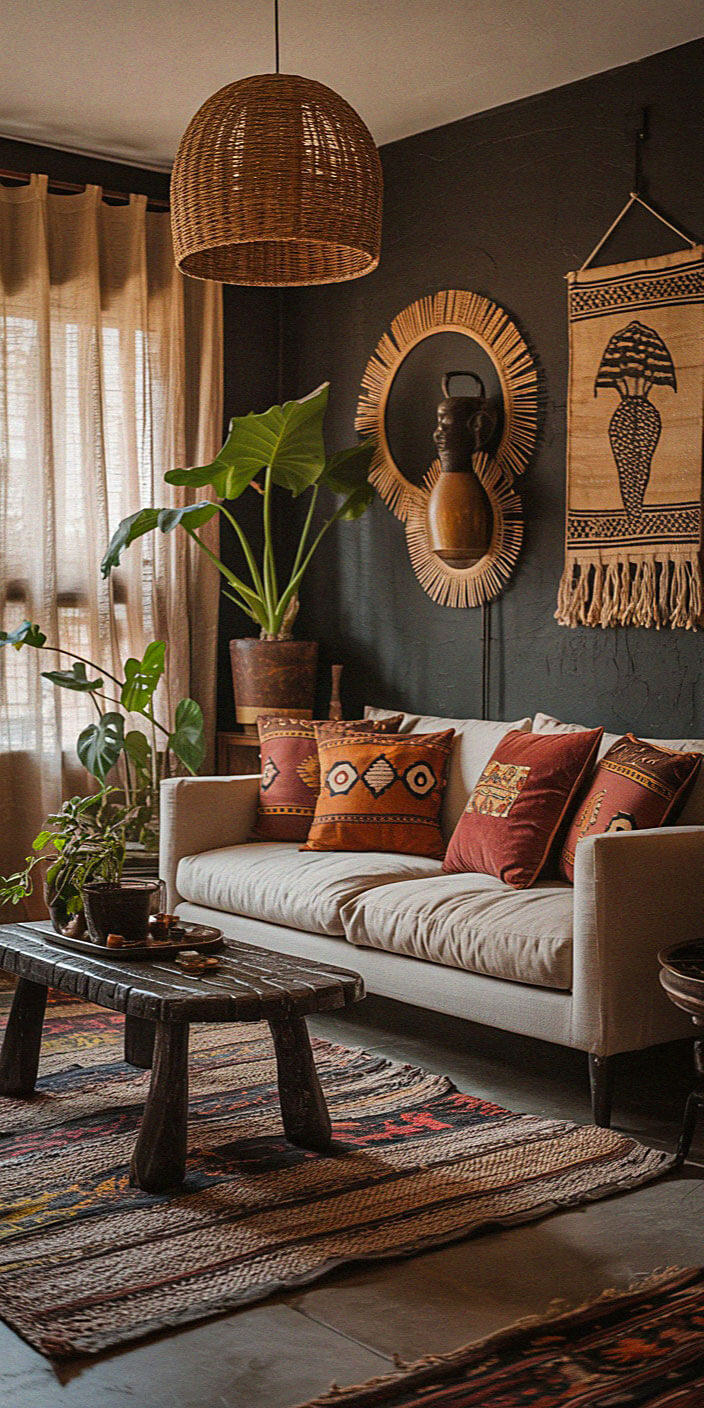 Cozy living room with tribal decor, featuring a beige sofa, patterned cushions, rattan lampshade, wooden table, and lush green plants. Warm, earthy ambiance.