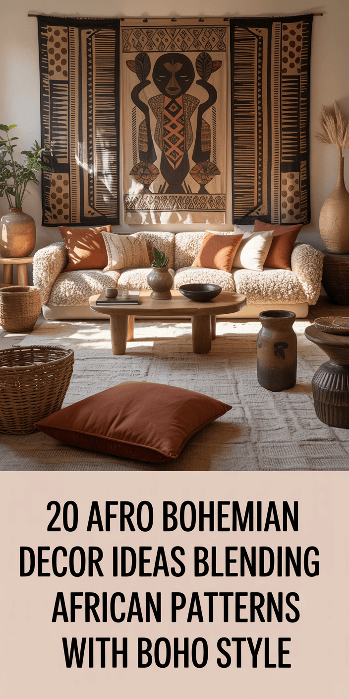 Bohemian living room with African-inspired decor, patterned textiles, woven baskets, cozy sofa, wooden table, earthy cushions, and large decorative wall hanging.