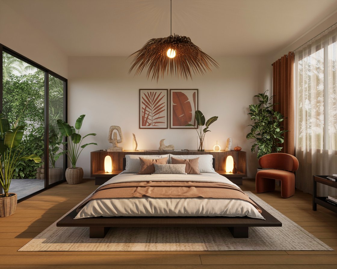 A modern bedroom features a low platform bed, tropical plants, and earthy decor. Large windows allow natural light to enhance the cozy ambiance.