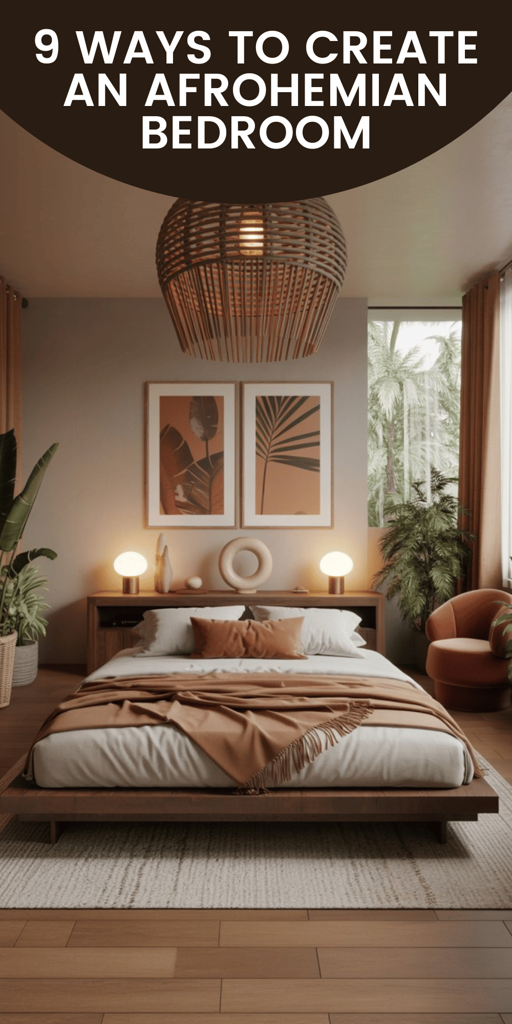 Stylish bedroom with Bohemian decor, featuring a wooden bed, rattan light fixture, tropical plants, and leafy art. Warm earth tones create coziness.