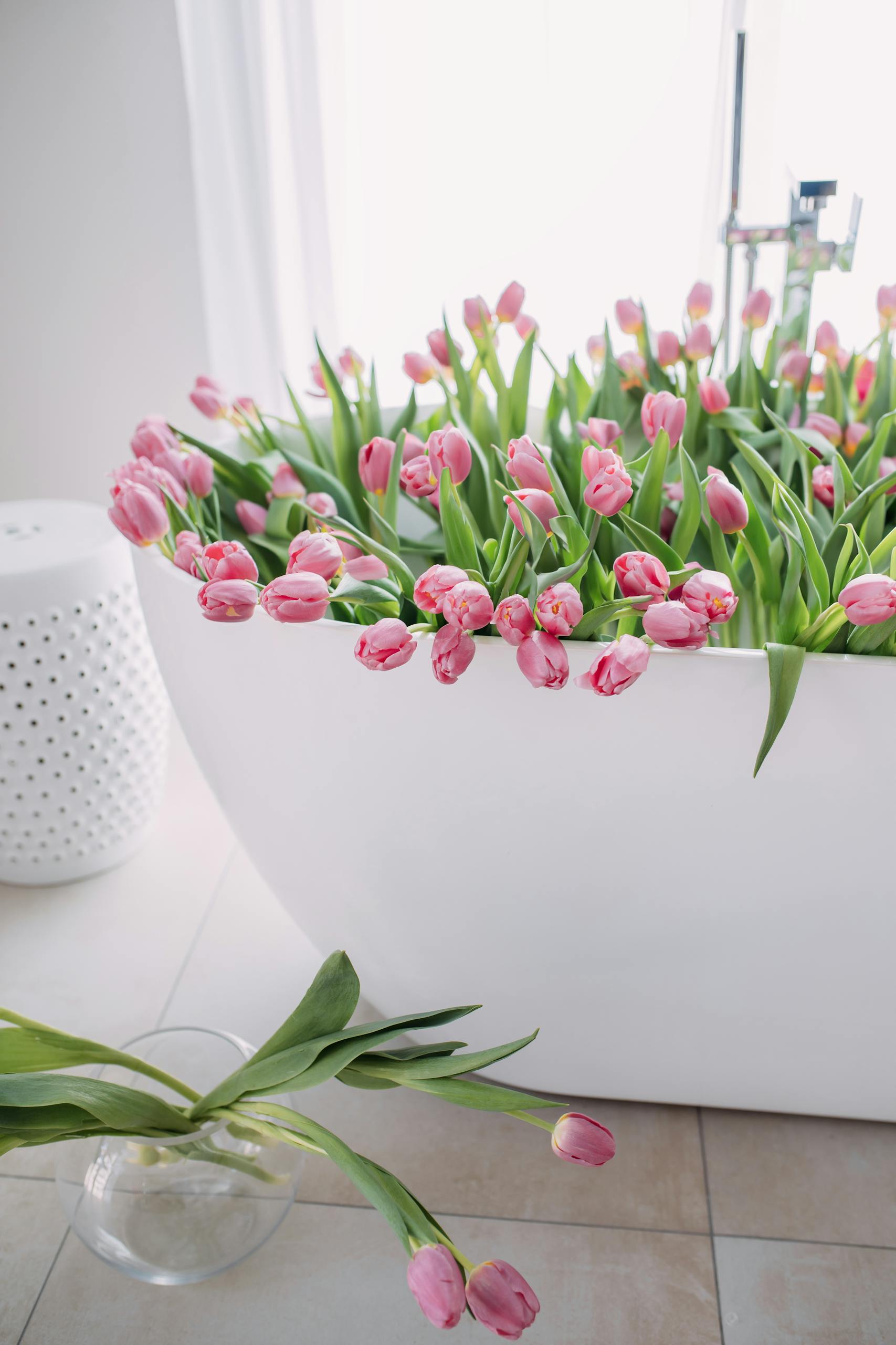 A luxurious white bathtub filled with vibrant pink tulips, creating a serene atmosphere.