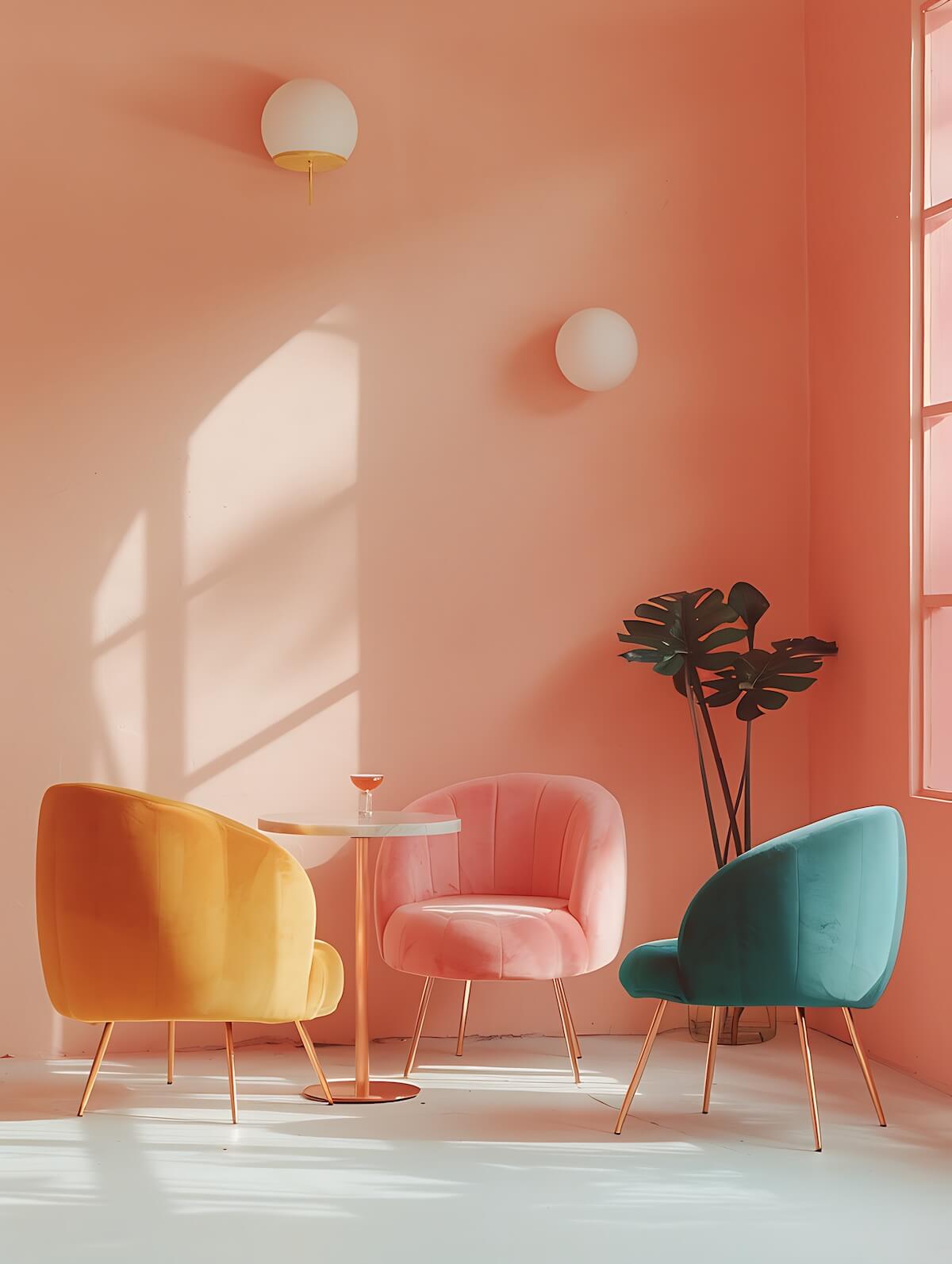 A pastel-themed room with pink walls features colorful chairs, a round table, wall sconces, and a potted plant by a large window.