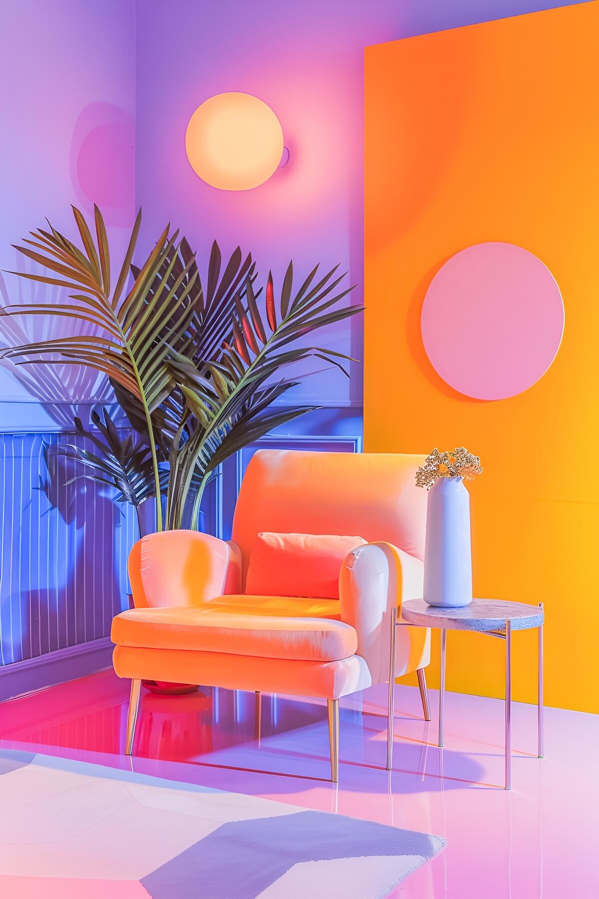 A vibrant room features a pastel-colored chair, a small table with a vase, tropical plant, and soft, colorful lighting accents.