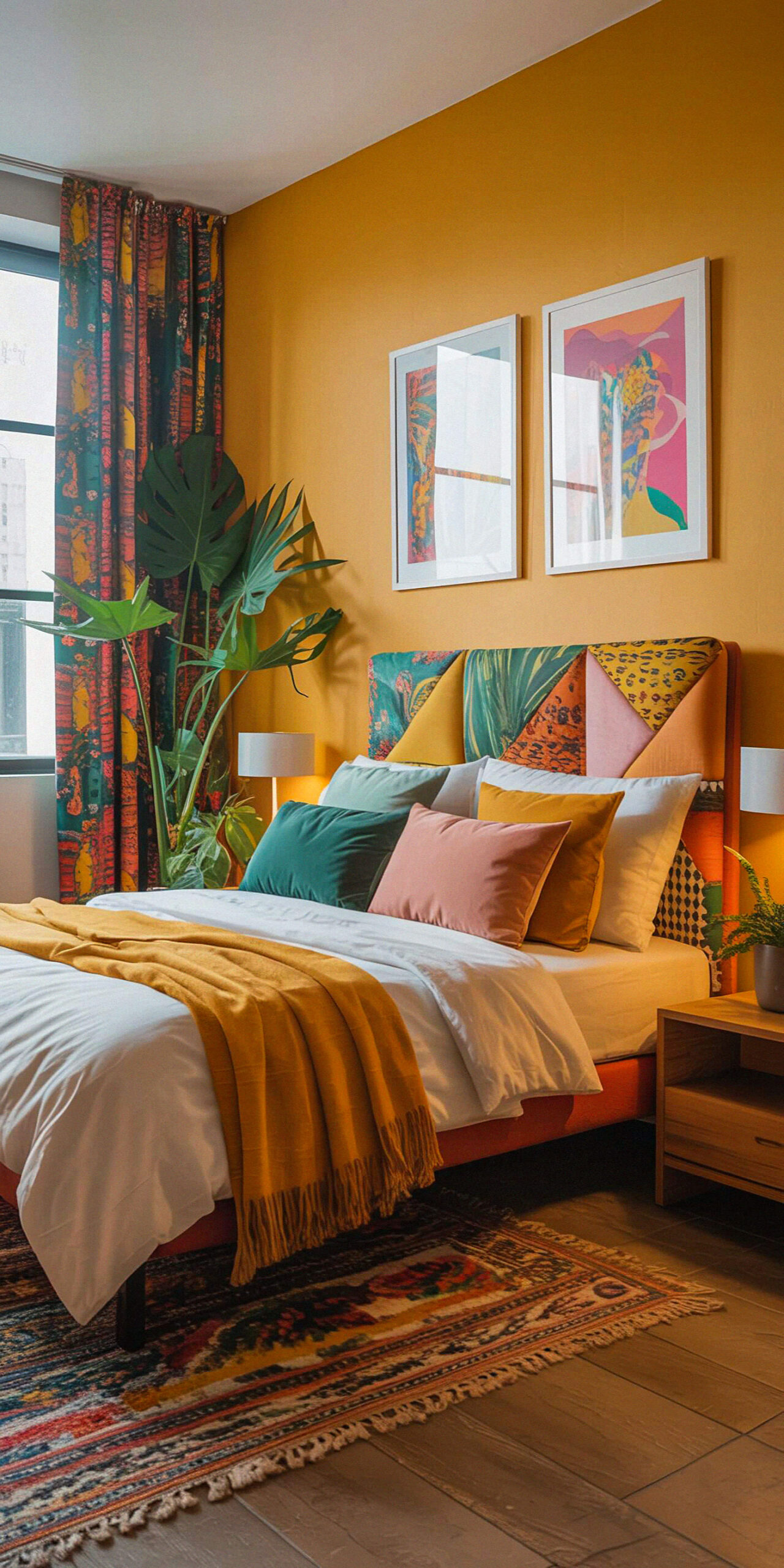 Cozy bedroom with a mustard-yellow accent wall, a bed covered in colorful pillows and an orange throw, a patterned rug, a tall plant by a window with colorful curtains, and framed artwork above the headboard.