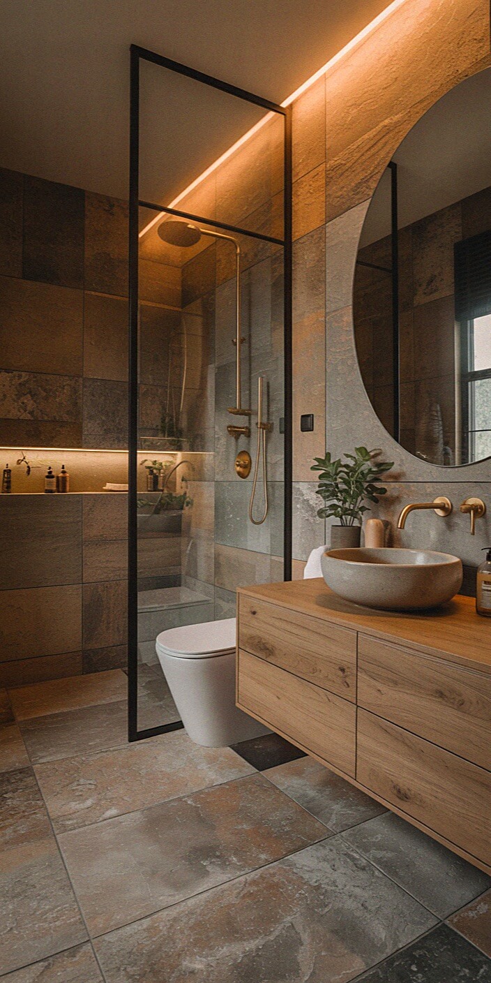 Modern bathroom featuring a glass-enclosed shower, a wooden vanity with a round mirror and stone vessel sink, tiled walls and floor, and a small plant on the counter.