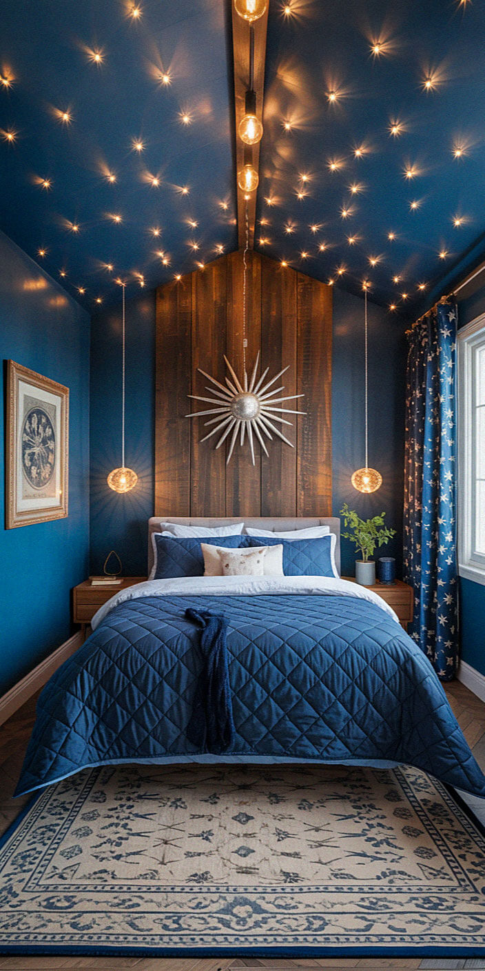 Cozy blue bedroom with a bed covered in a quilted blue coverlet, string lights across the ceiling, a starburst mirror above the headboard, and a patterned rug.