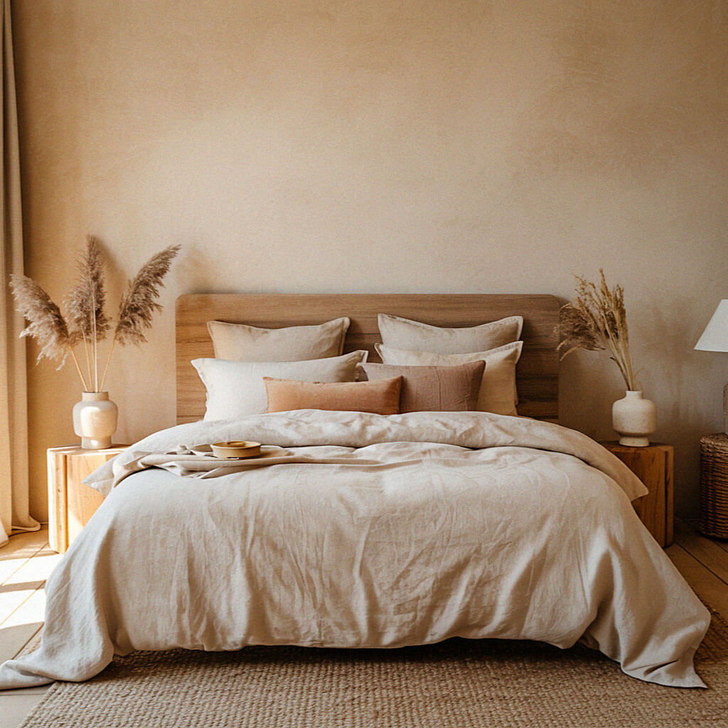 Cozy neutral-toned bedroom with a beige bed, matching pillows, a wooden headboard, two nightstands with lamps, and pampas grass arrangements.